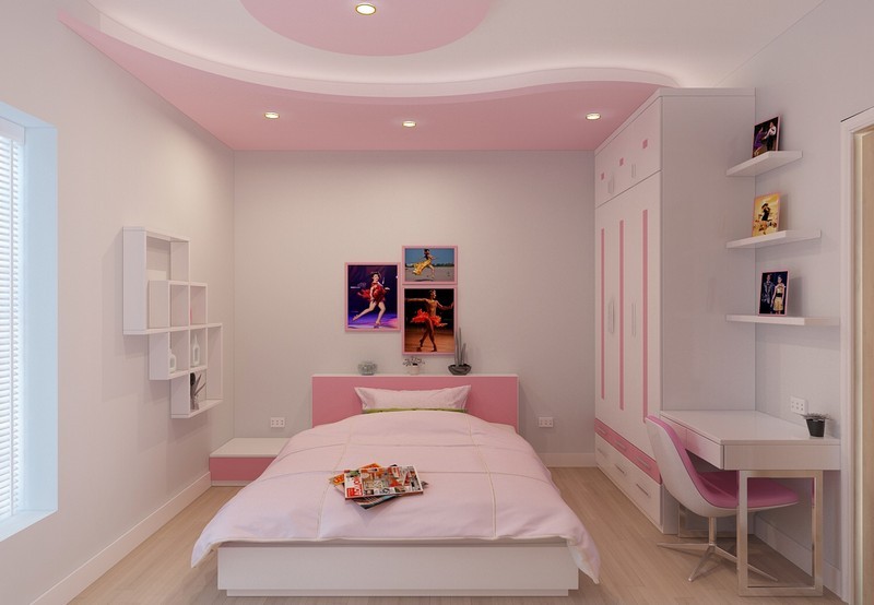 Mẫu trần thạch cao phòng ngủ lượn sóng cho bé gái màu hồng