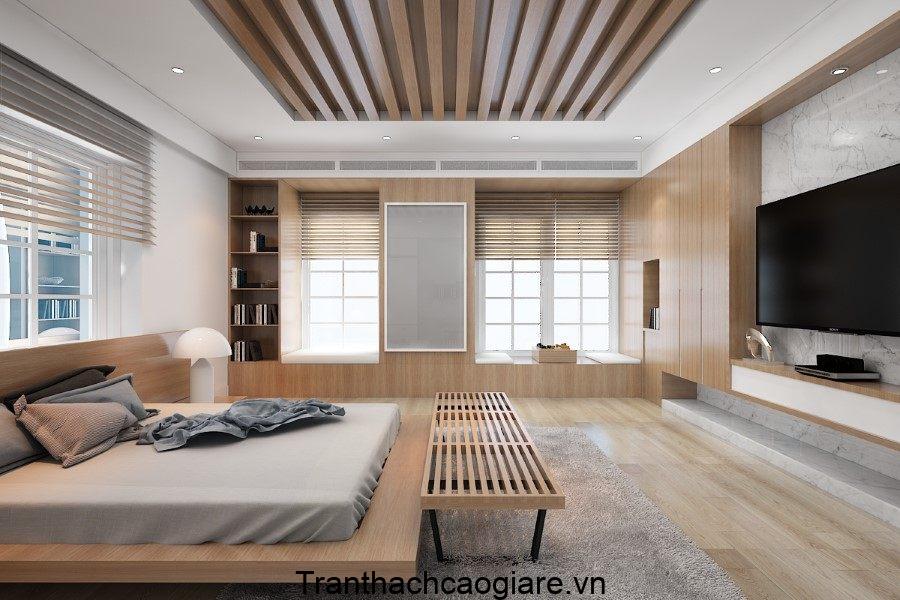 Mẫu trần thạch cao kết hợp gỗ dành cho phòng ngủ 