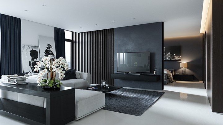 Màu sơn phòng khách đẹp tông đen 