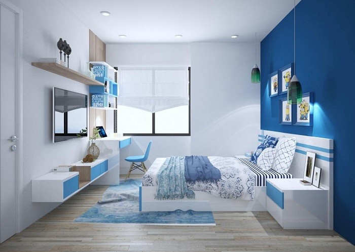 Màu sơn phòng ngủ đẹp màu xanh dương hài hòa 