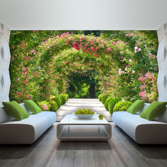 Các mẫu tranh dán tường 5D phòng khách vườn hoa