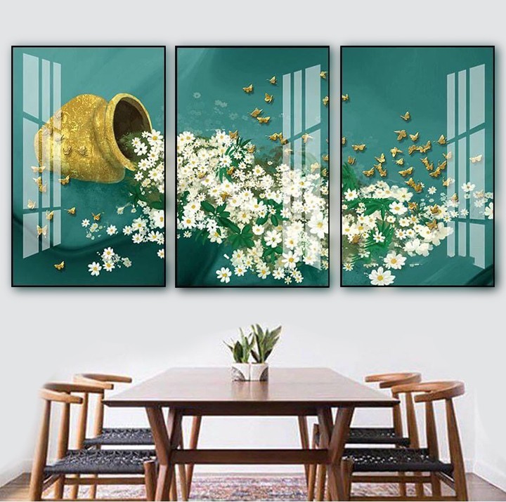 tranh 5D phòng khách tráng gương hoa cúc