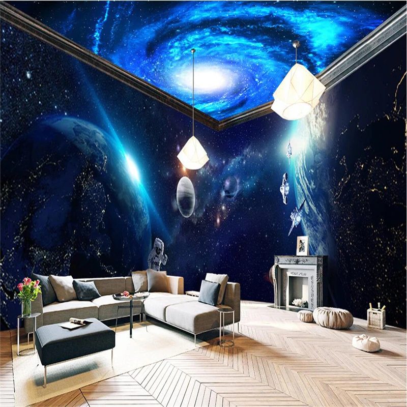 Thiết kế giấy dán trần nhà galaxy kết hợp với tường