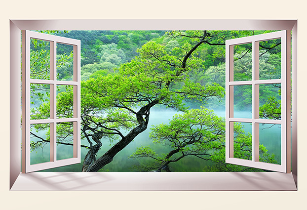  Mẫu tranh cửa sổ 3D núi và cây 