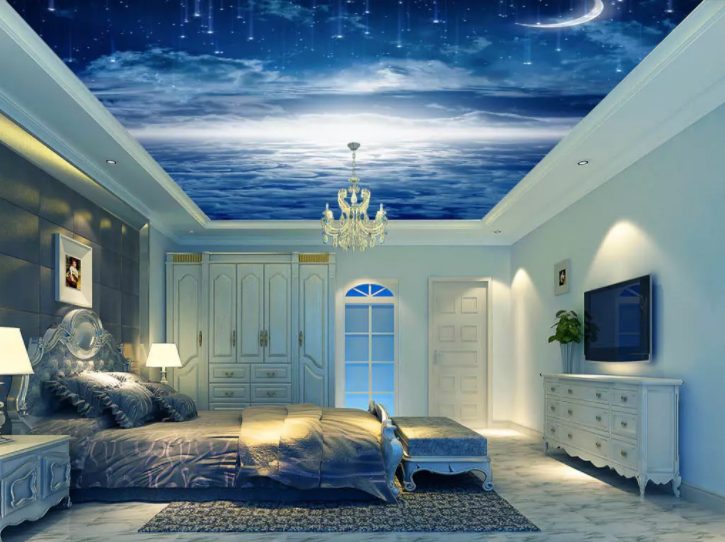 Mẫu trần xuyên sáng 3D bầu trời đêm phòng ngủ.