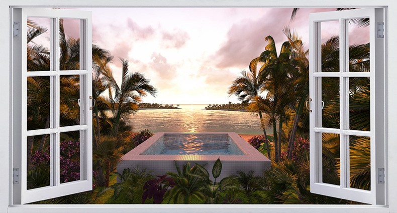 Mẫu tranh cửa sổ 3D: Bãi biển và hoàng hôn  