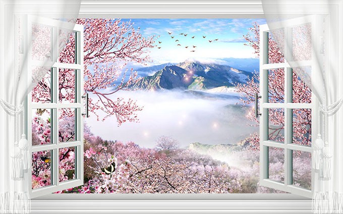 Mẫu tranh cửa sổ 3D núi vào mùa xuân hoa đào nở rộ