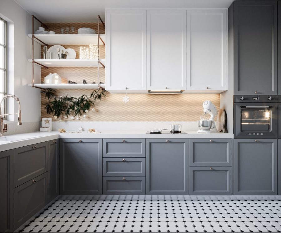 Không gian bếp đơn giản hơn khi sơn màu trắng xám