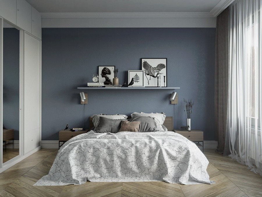 Phòng ngủ màu xanh ghi tạo sự cá tính 