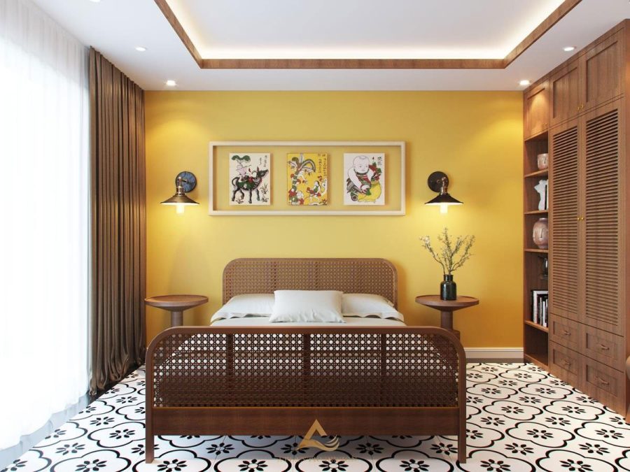 Phòng ngủ truyền thống với màu sơn vàng đồng
