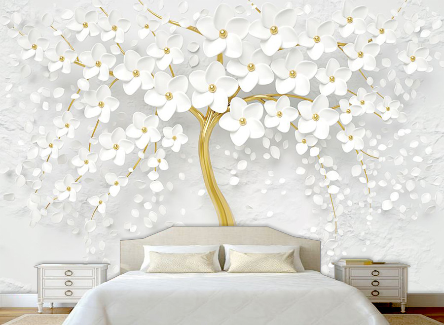 tranh dán tường phòng ngủ vợ chồng hoa trắng 3D