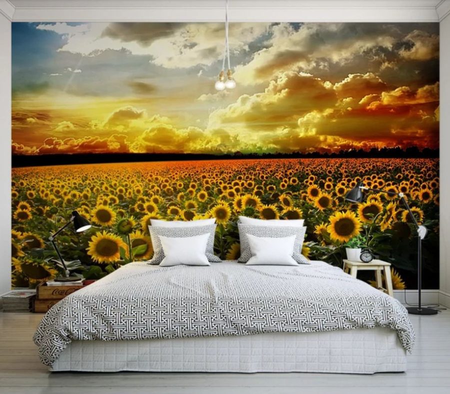 tranh dán tường phòng ngủ vợ chồng hình hoa hướng dương 3D