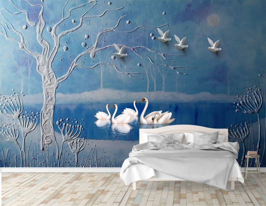 Tranh dán tường phòng ngủ vợ chồng đôi thiên nga 3D