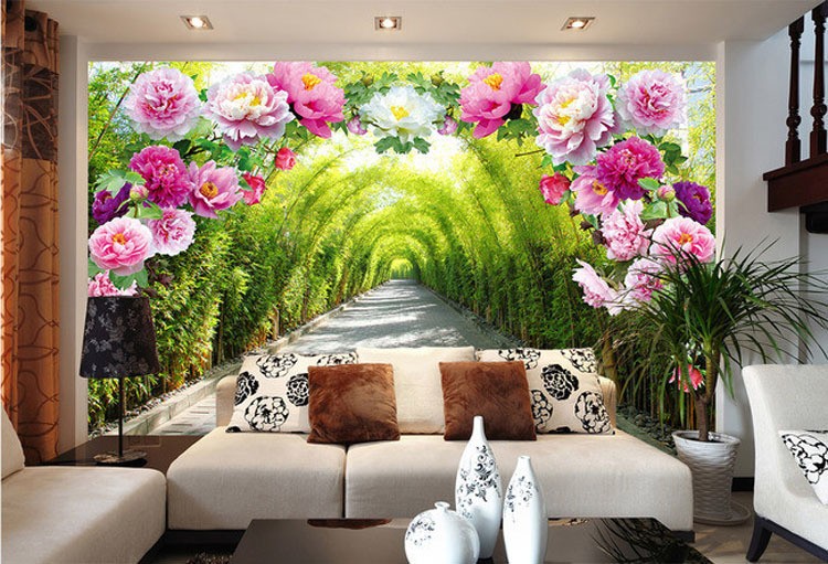 tranh 5D phòng khách dán tường vườn hoa