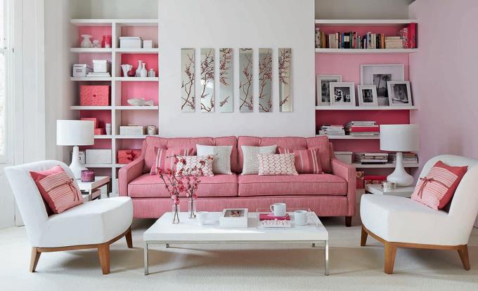 Phòng khách đẹp với màu trắng hồng 
