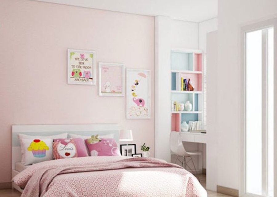 Phòng ngủ sơn tường màu hồng sữa