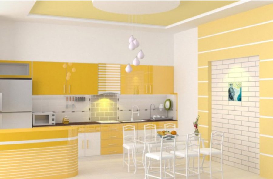 Phòng bếp phối trần màu vàng