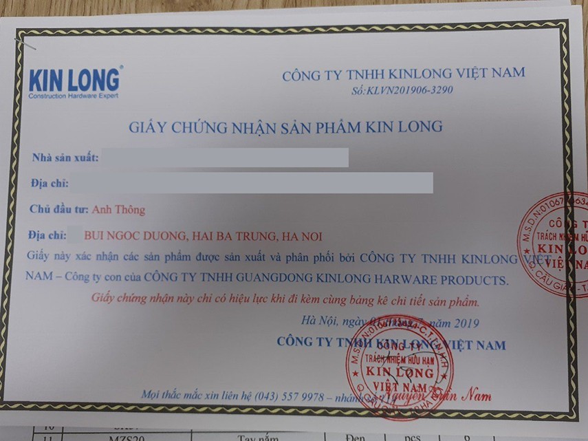Giấy tờ xác nhận và chứng nhận sản phẩm Kinlong chính hãng